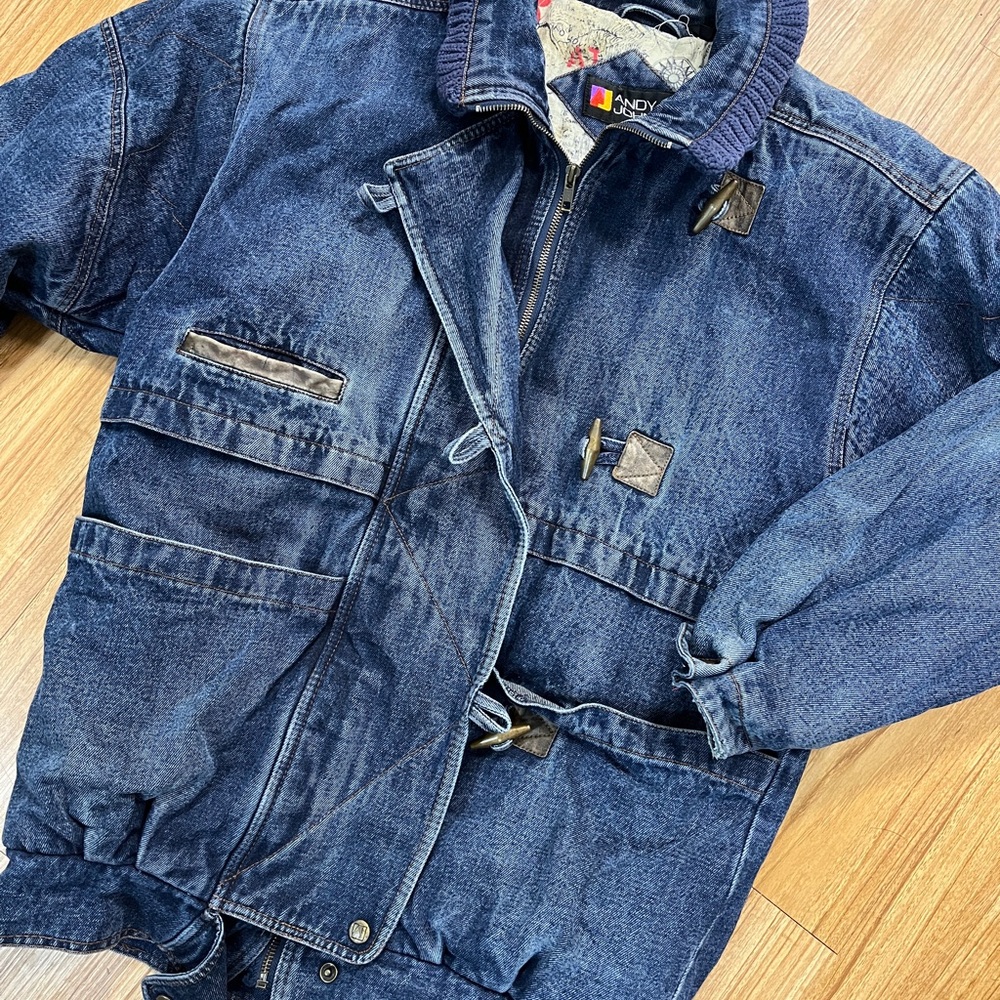 VTG Andy Johns M Jean Denim Jacket barn coat heavy leather details 80’s